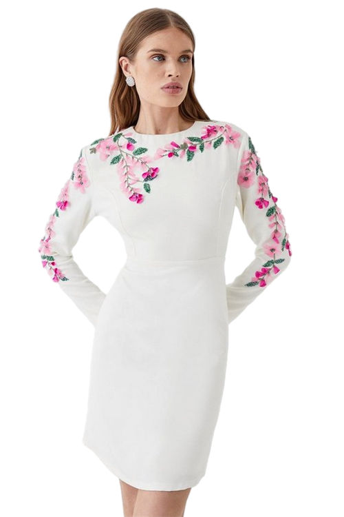 Jacques Vert White Hand Stitched 3d Floral Long Sleeve Mini Dress BCC04561