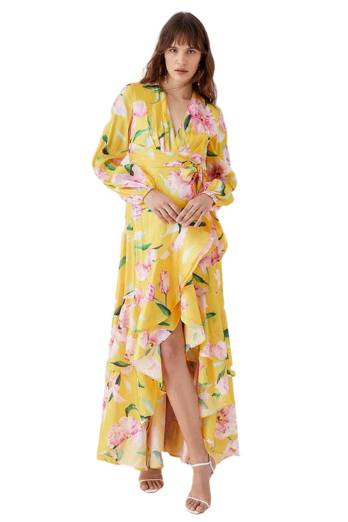 Jacques Vert Yellow Frill Hem Wrap Midi Dress With Long Sleeves BCC05588